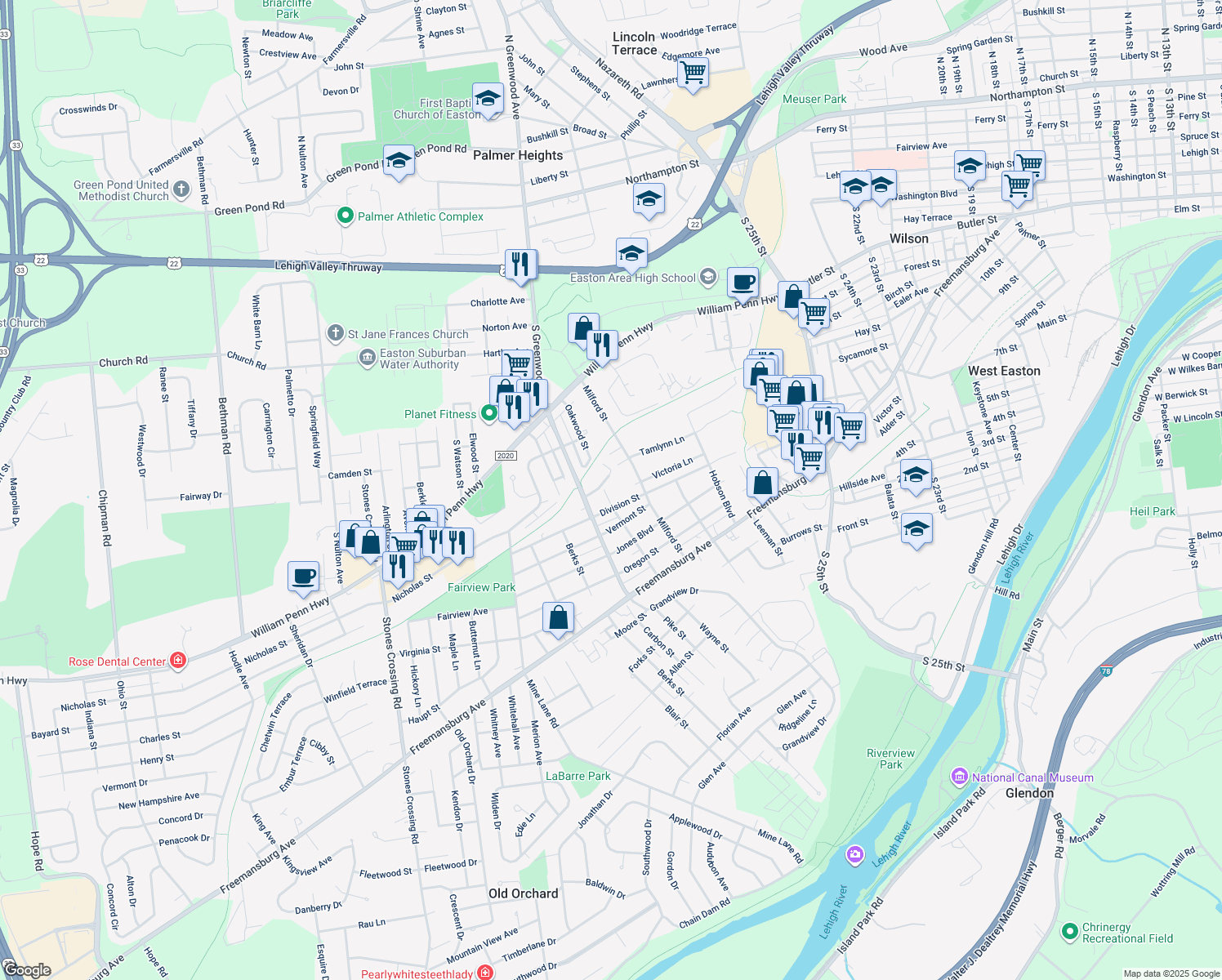 map of restaurants, bars, coffee shops, grocery stores, and more near 695 Oakwood St in Easton