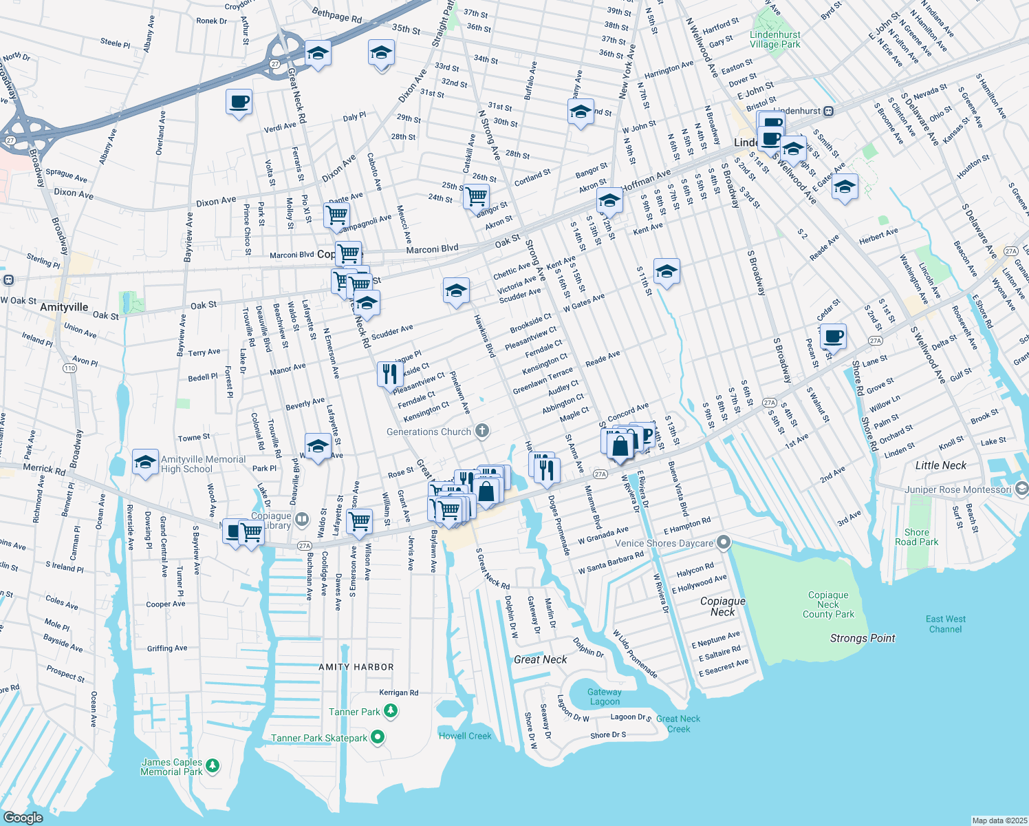 map of restaurants, bars, coffee shops, grocery stores, and more near 515 Hawkins Blvd in Copiague