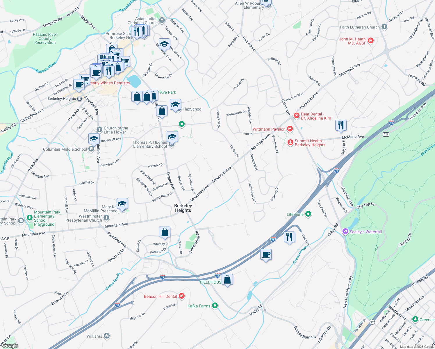 map of restaurants, bars, coffee shops, grocery stores, and more near 305 Mountain Avenue in Berkeley Heights