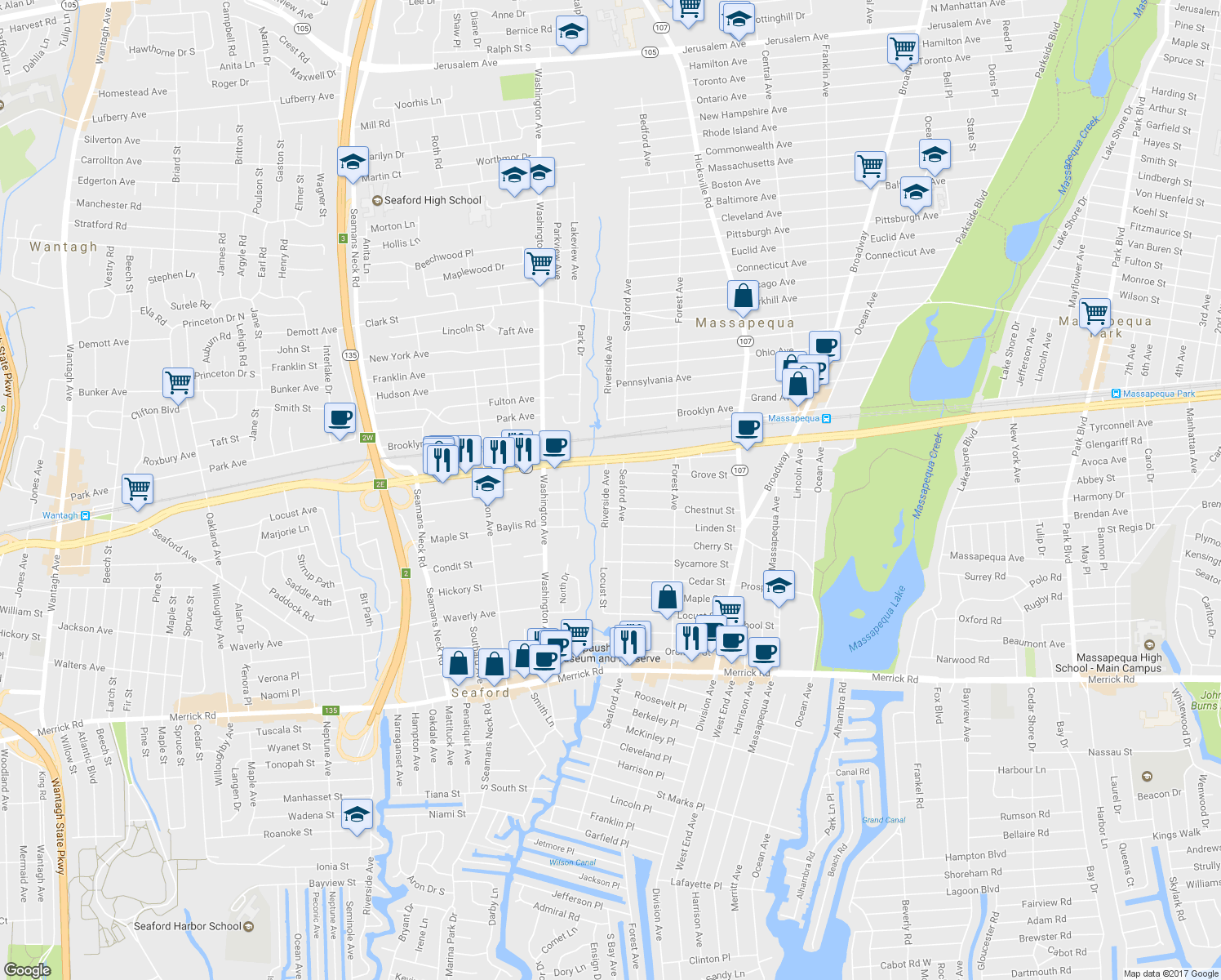 map of restaurants, bars, coffee shops, grocery stores, and more near 79 Riverside Avenue in Massapequa