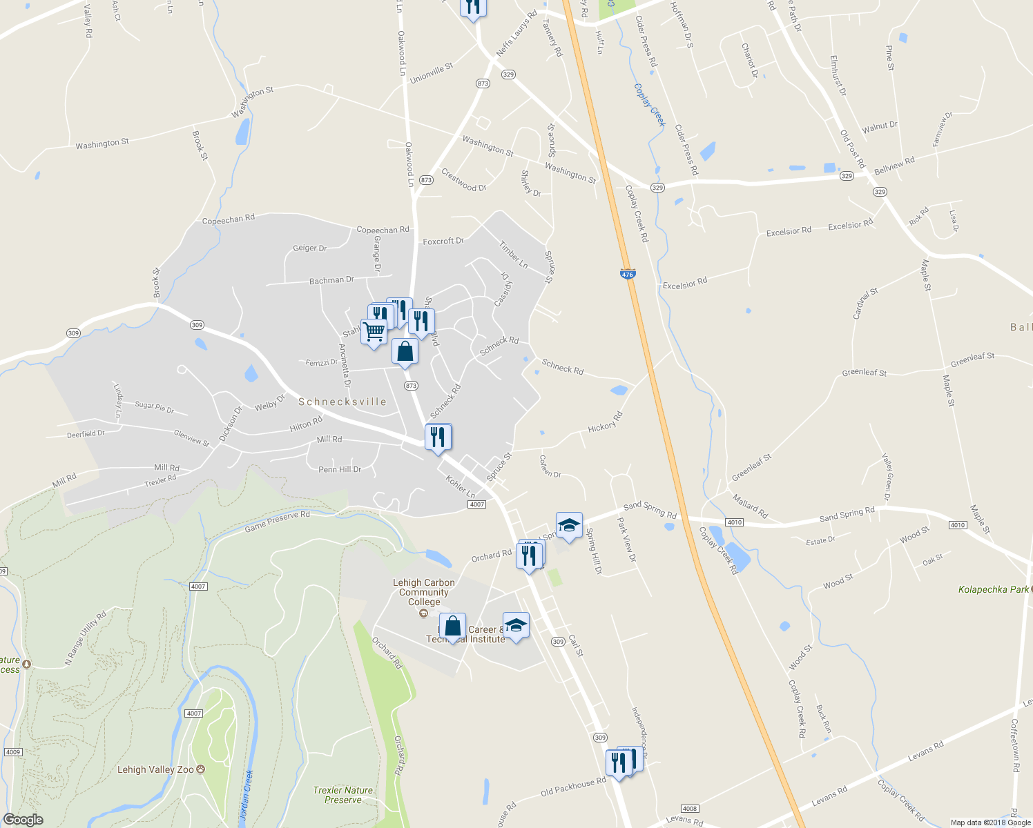 map of restaurants, bars, coffee shops, grocery stores, and more near 4826 Spruce Street in Schnecksville