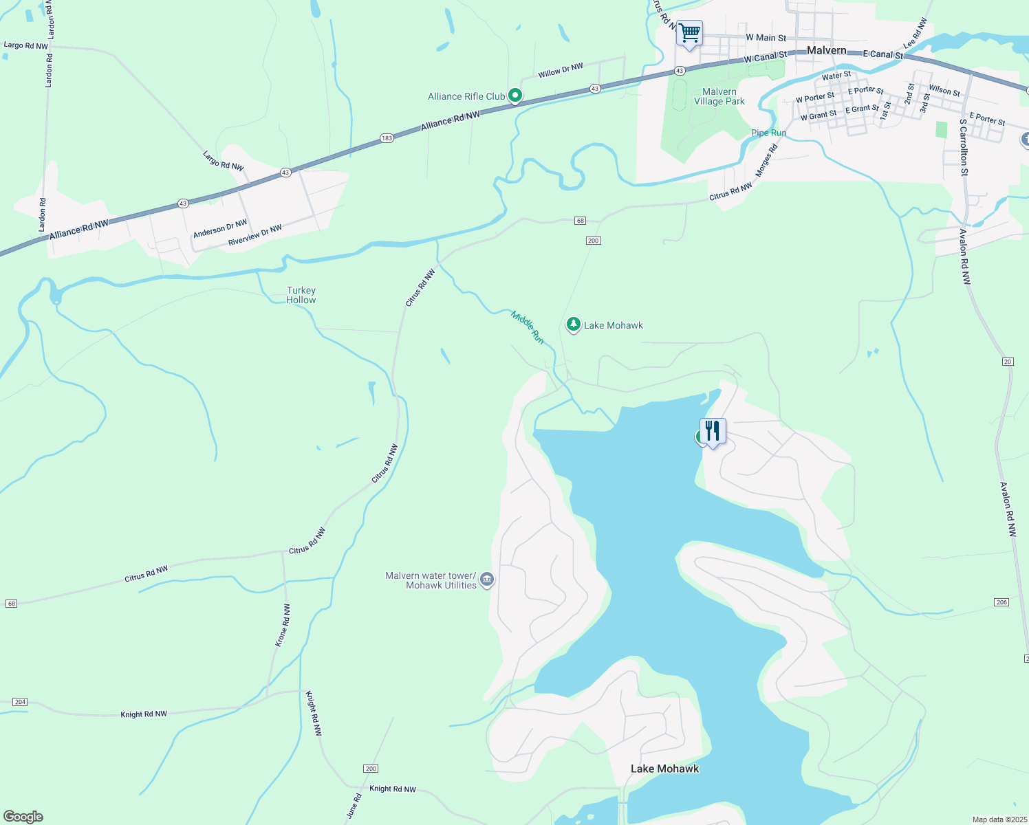 map of restaurants, bars, coffee shops, grocery stores, and more near 37 West Mohawk Drive in Malvern
