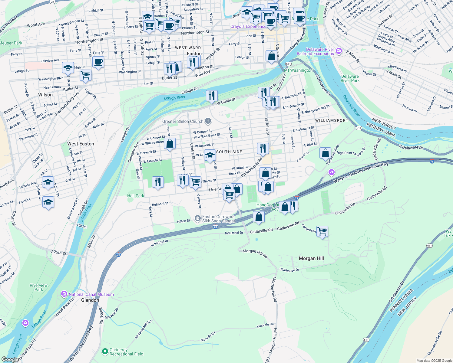 map of restaurants, bars, coffee shops, grocery stores, and more near 452 Williams Street in Easton