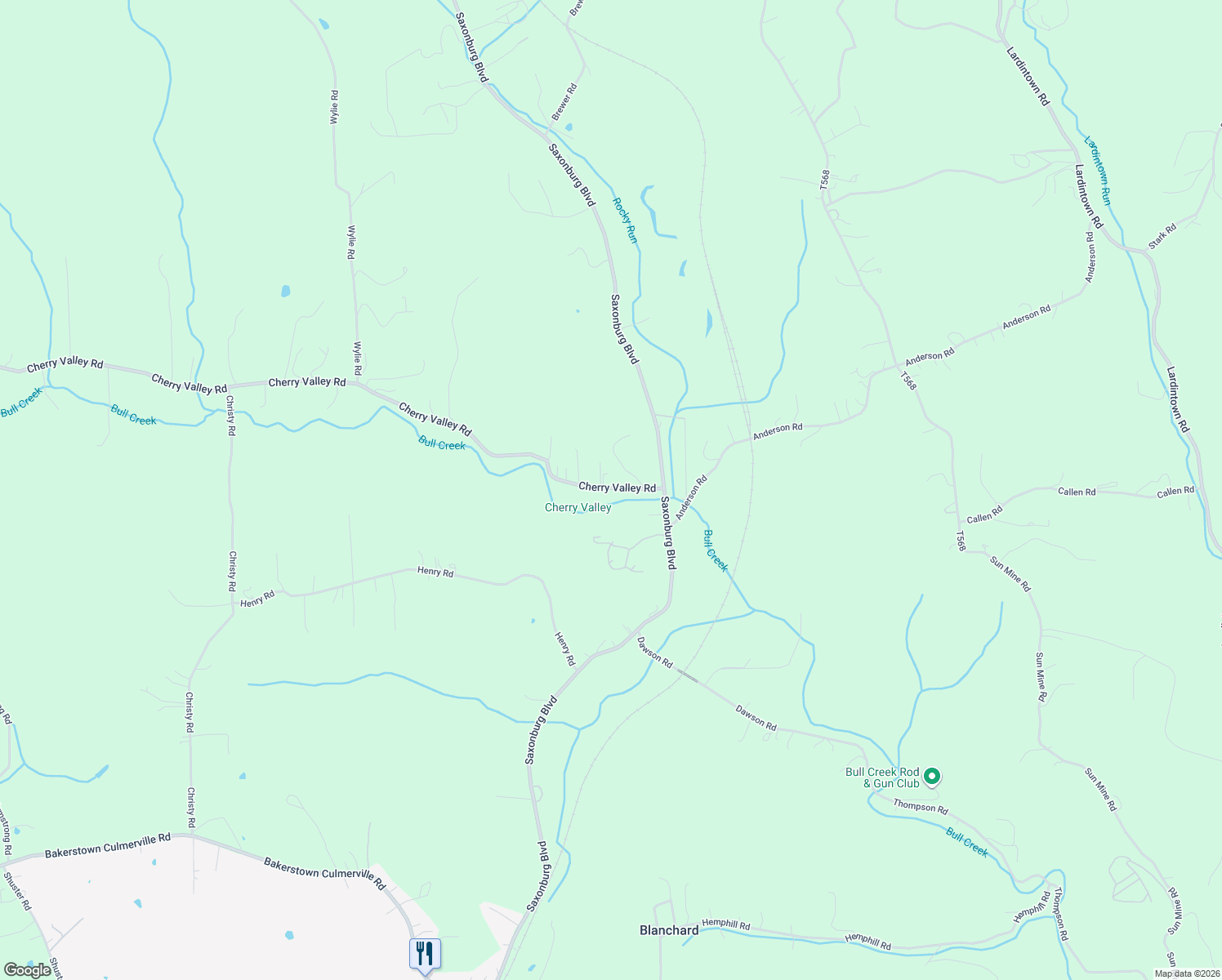 map of restaurants, bars, coffee shops, grocery stores, and more near 119 Cherry Valley Road in Saxonburg