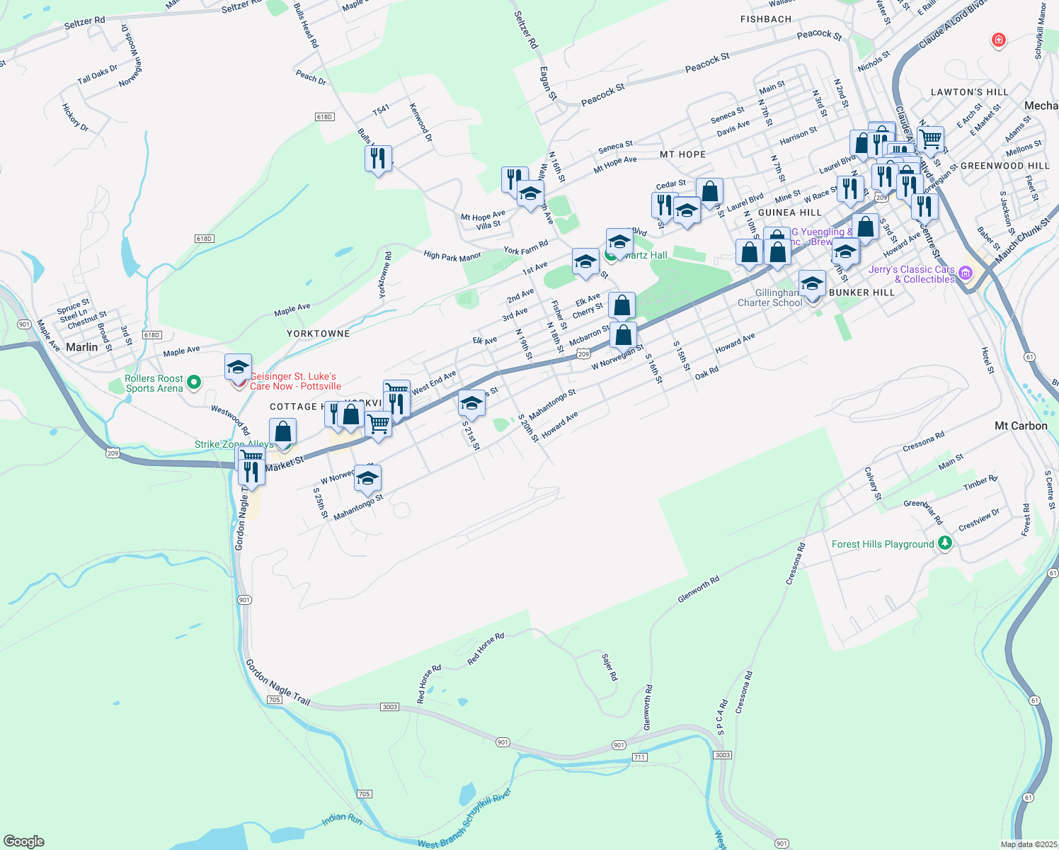 map of restaurants, bars, coffee shops, grocery stores, and more near 1965 Mahantongo Street in Pottsville