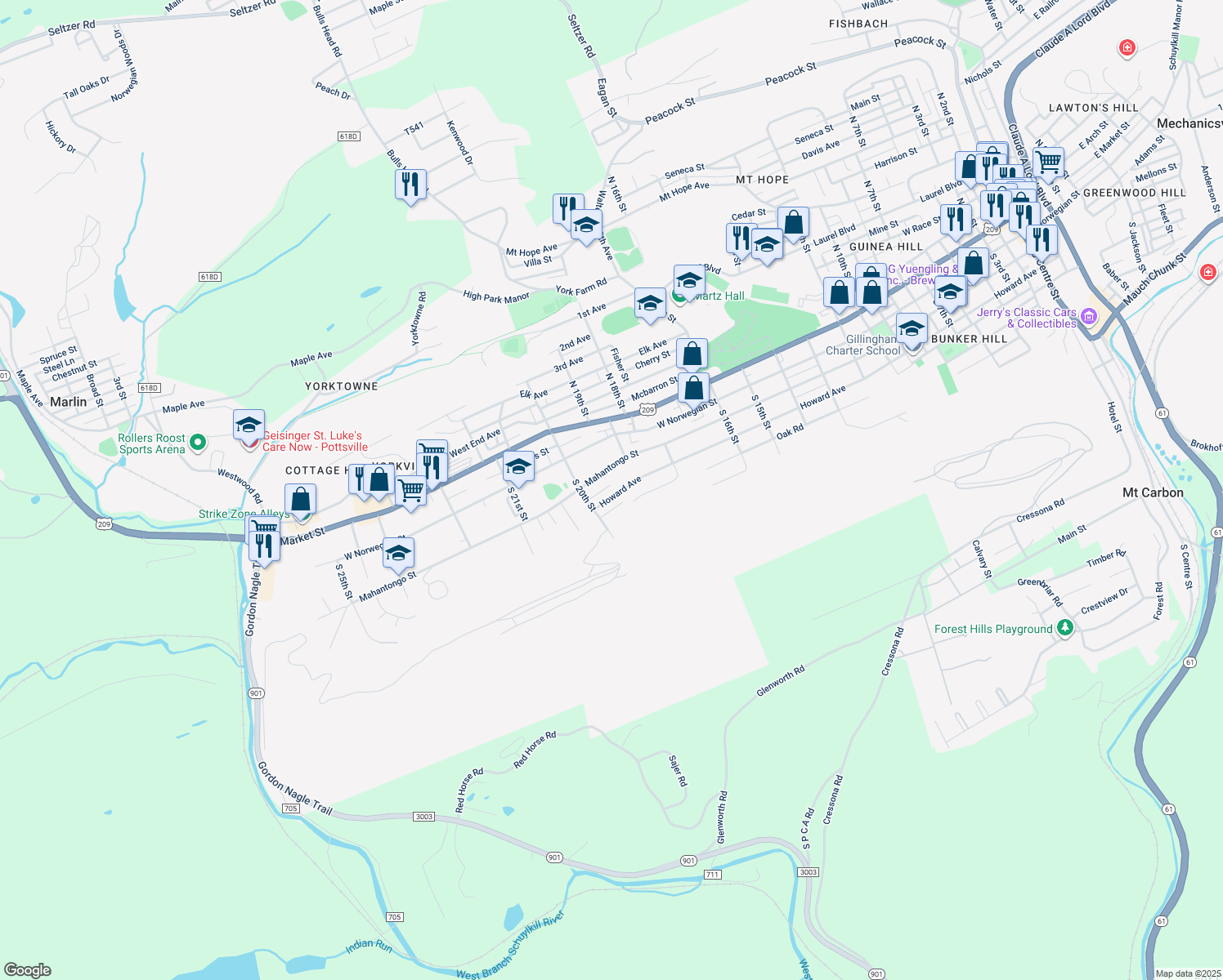 map of restaurants, bars, coffee shops, grocery stores, and more near 1944 Howard Ave in Pottsville