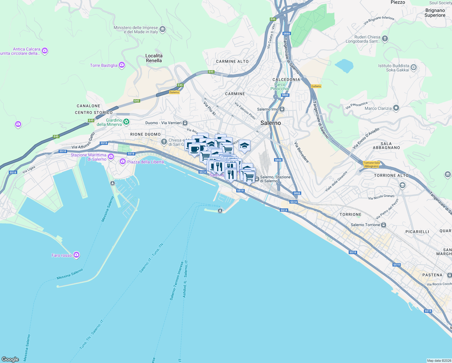 map of restaurants, bars, coffee shops, grocery stores, and more near 38 Lungomare Trieste in Salerno