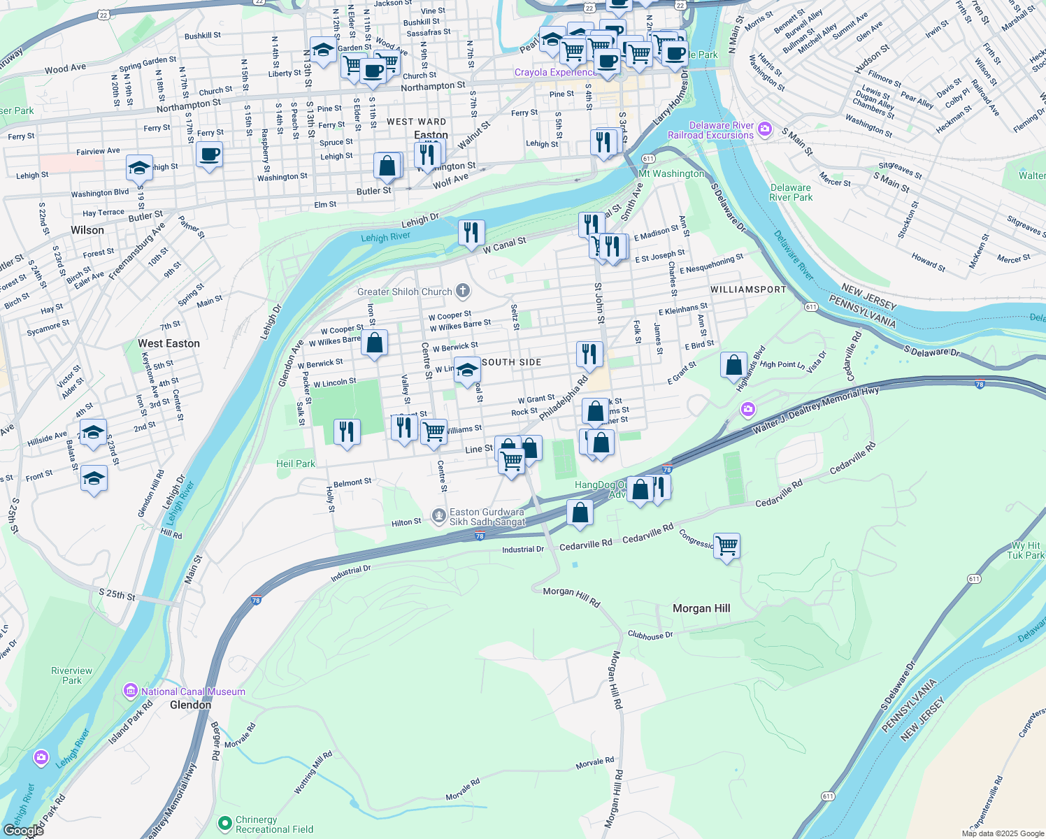 map of restaurants, bars, coffee shops, grocery stores, and more near 831 Seitz Street in Easton