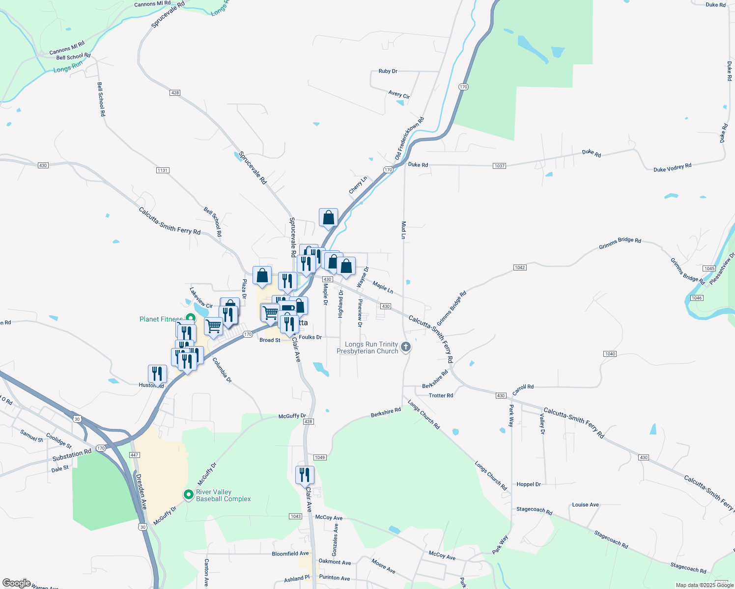map of restaurants, bars, coffee shops, grocery stores, and more near 49286 Calcutta-Smith Ferry Road in Calcutta