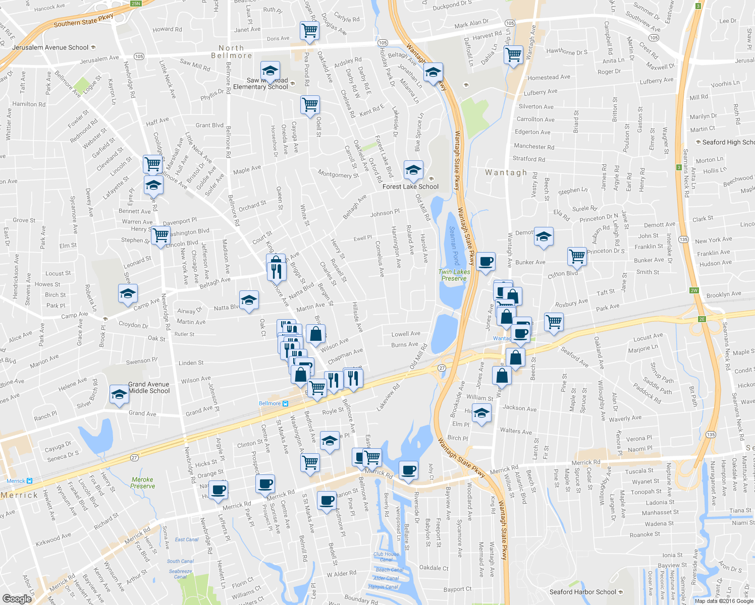 map of restaurants, bars, coffee shops, grocery stores, and more near 2974 Curtis Place in Wantagh
