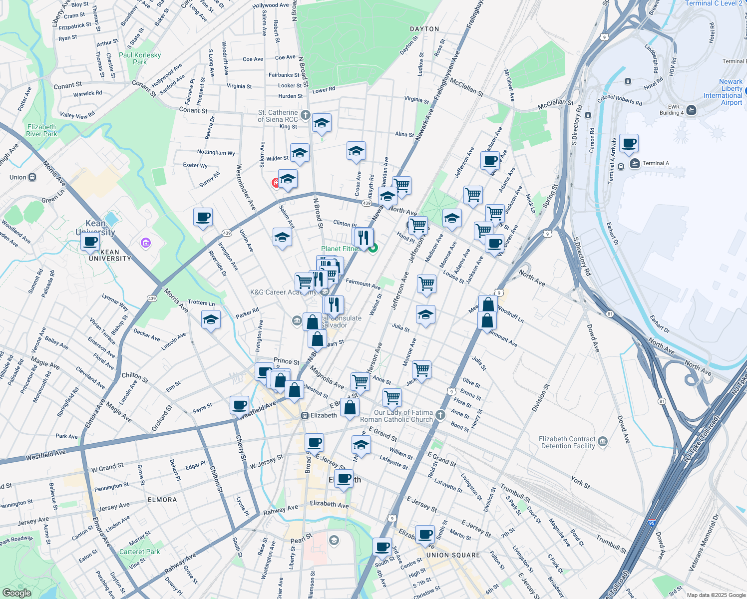 map of restaurants, bars, coffee shops, grocery stores, and more near 580 Walnut St in Elizabeth