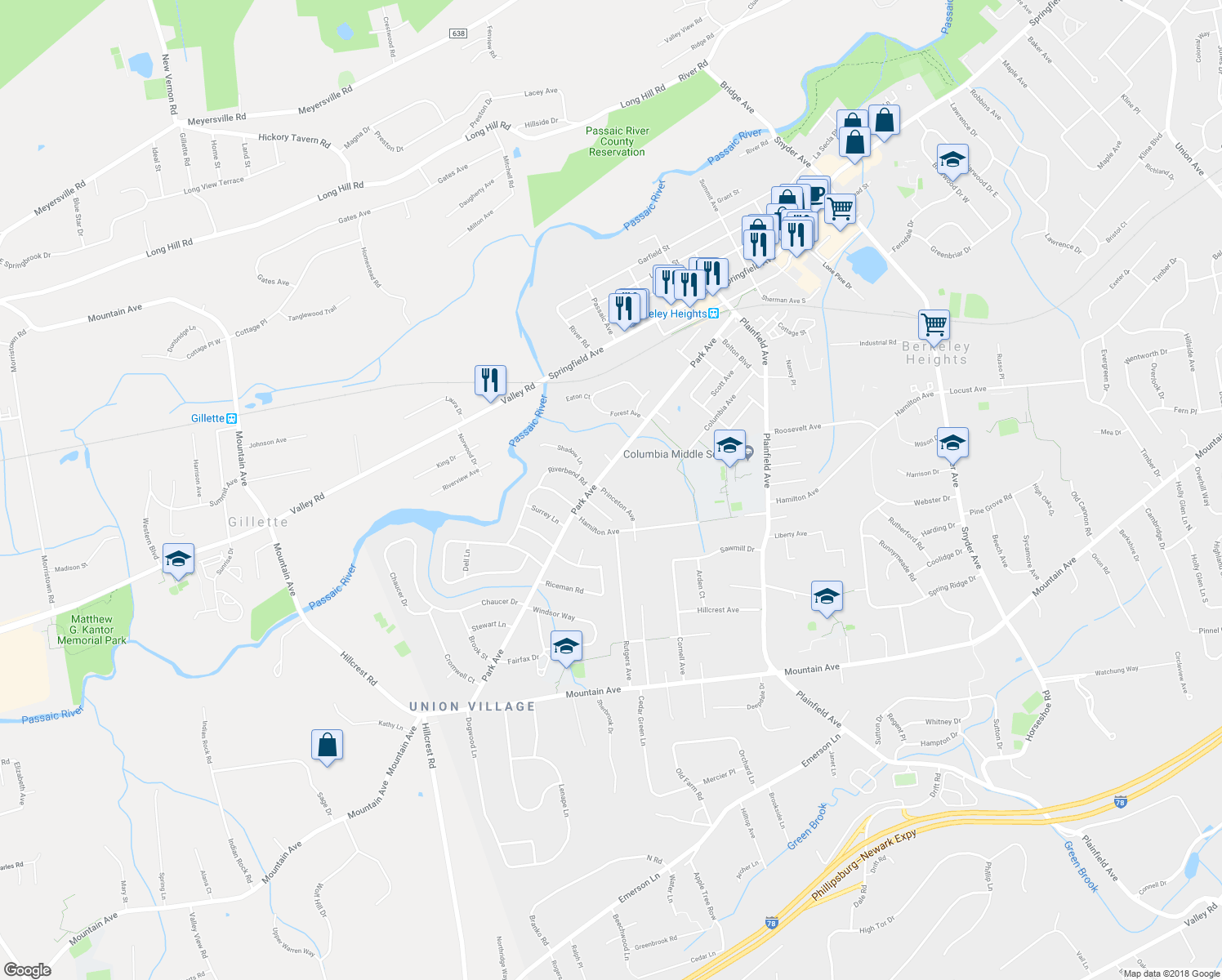 map of restaurants, bars, coffee shops, grocery stores, and more near 16 Princeton Avenue in Berkeley Heights