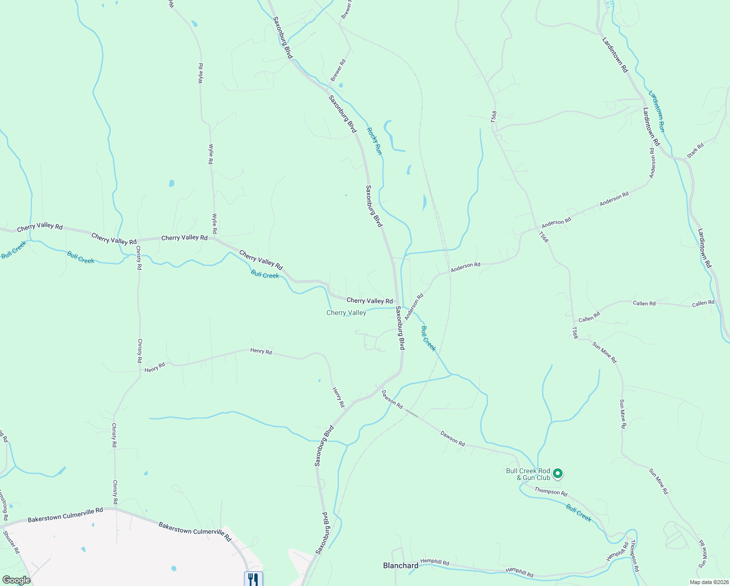 map of restaurants, bars, coffee shops, grocery stores, and more near 119 Cherry Valley Road in Saxonburg