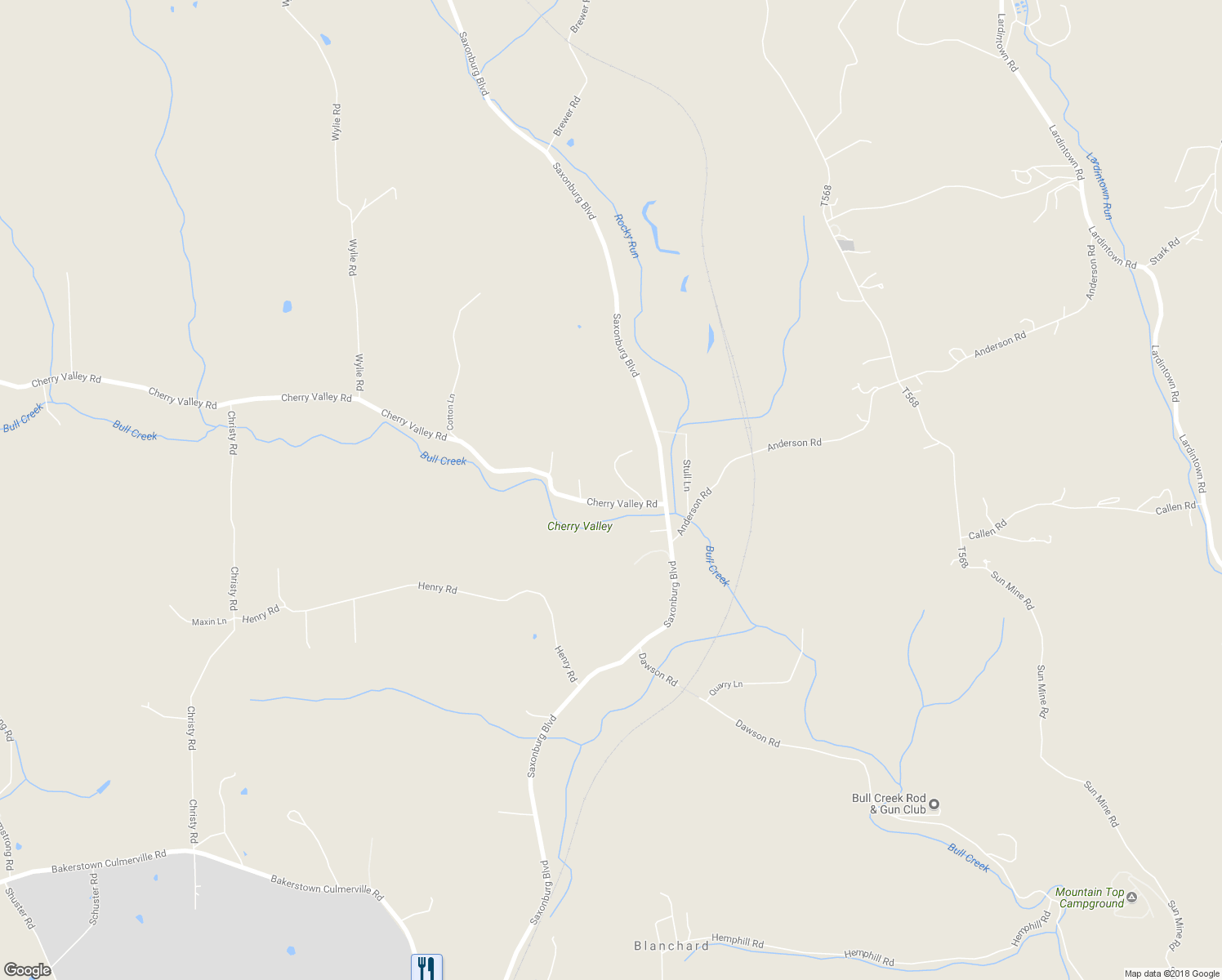 map of restaurants, bars, coffee shops, grocery stores, and more near 119 Cherry Valley Road in Saxonburg