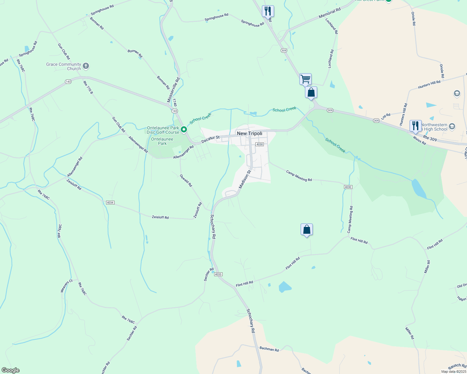 map of restaurants, bars, coffee shops, grocery stores, and more near 7417 Falcon Street in New Tripoli