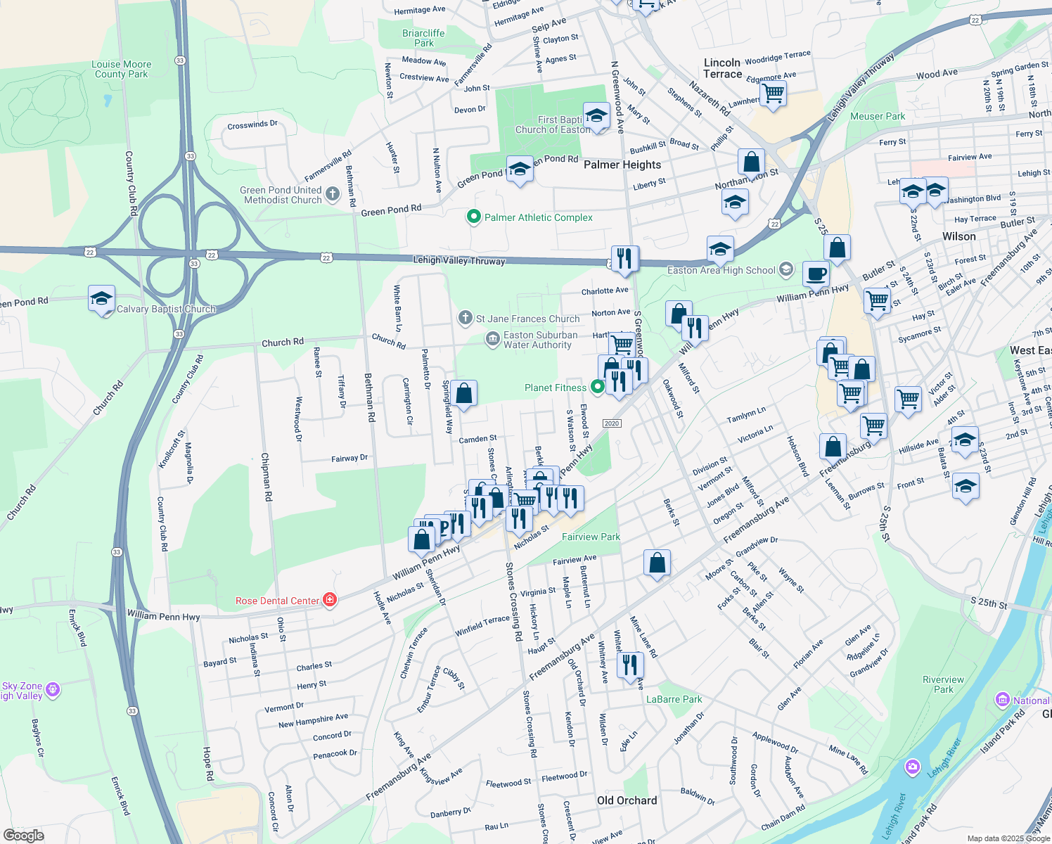 map of restaurants, bars, coffee shops, grocery stores, and more near 337 Avon St in Easton