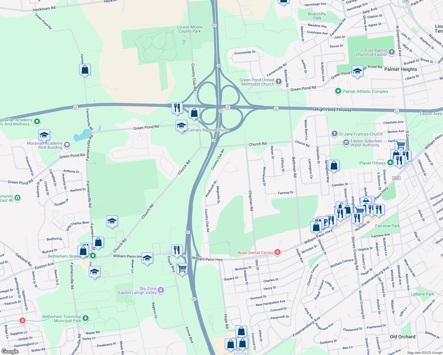 map of restaurants, bars, coffee shops, grocery stores, and more near 3704 Knollcroft Street in Easton