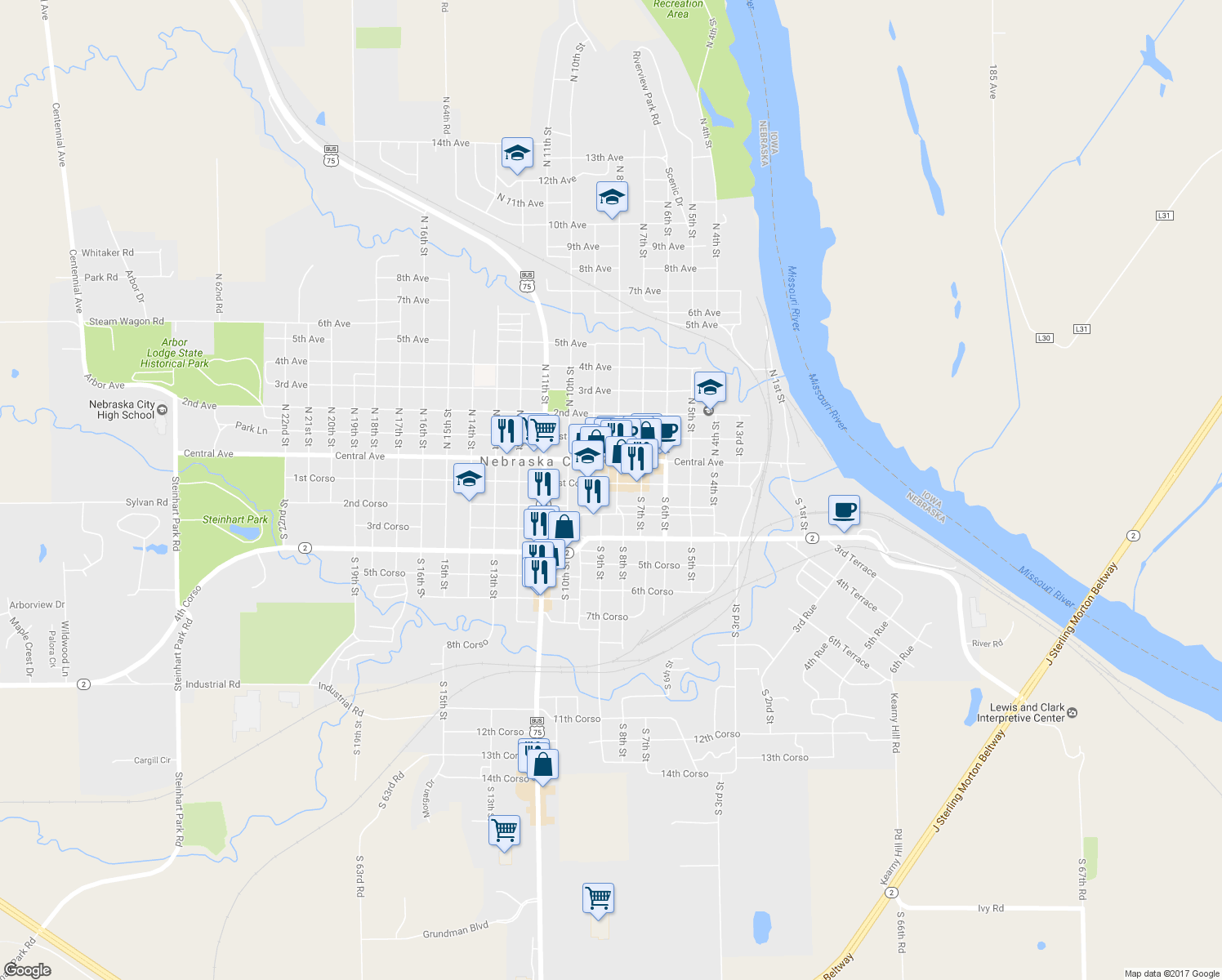 map of restaurants, bars, coffee shops, grocery stores, and more near 202 South 8th Street in Nebraska City