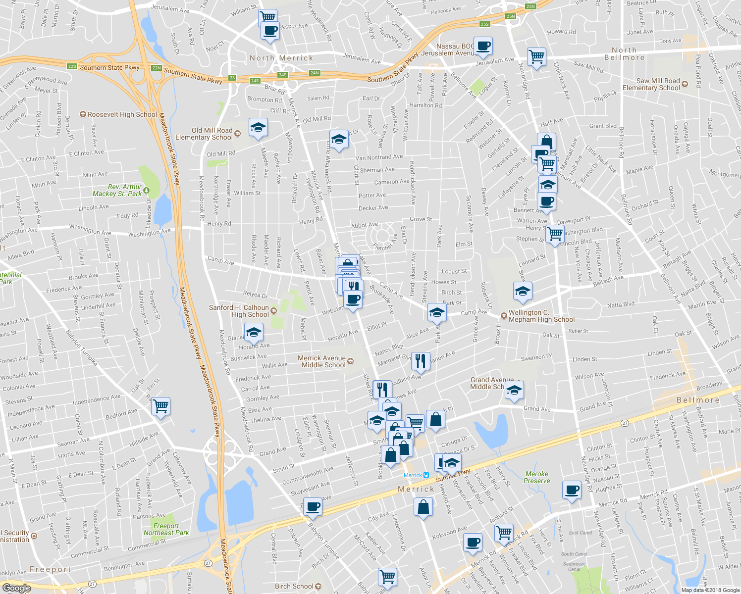map of restaurants, bars, coffee shops, grocery stores, and more near 26 East Garfield Street in Merrick