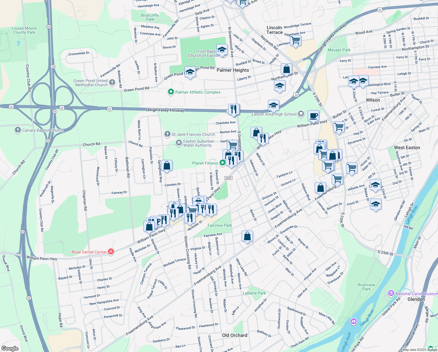 map of restaurants, bars, coffee shops, grocery stores, and more near 401 Elwood Street in Easton
