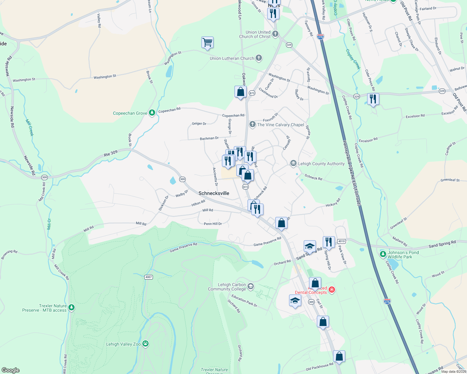 map of restaurants, bars, coffee shops, grocery stores, and more near 4944 Clauss Road in Schnecksville