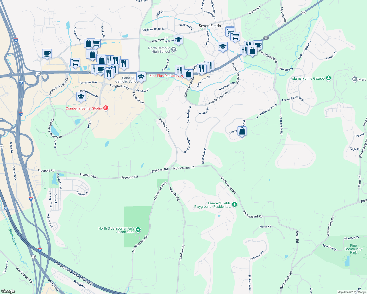 map of restaurants, bars, coffee shops, grocery stores, and more near 110 Bedford Court in Seven Fields
