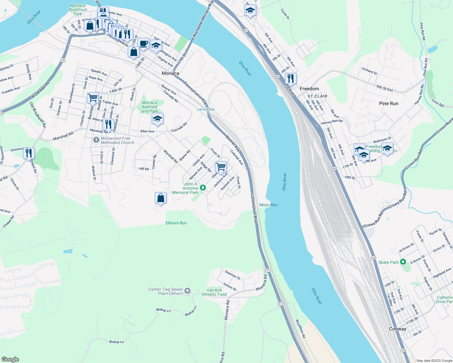 map of restaurants, bars, coffee shops, grocery stores, and more near 844 Summit Ave in Monaca