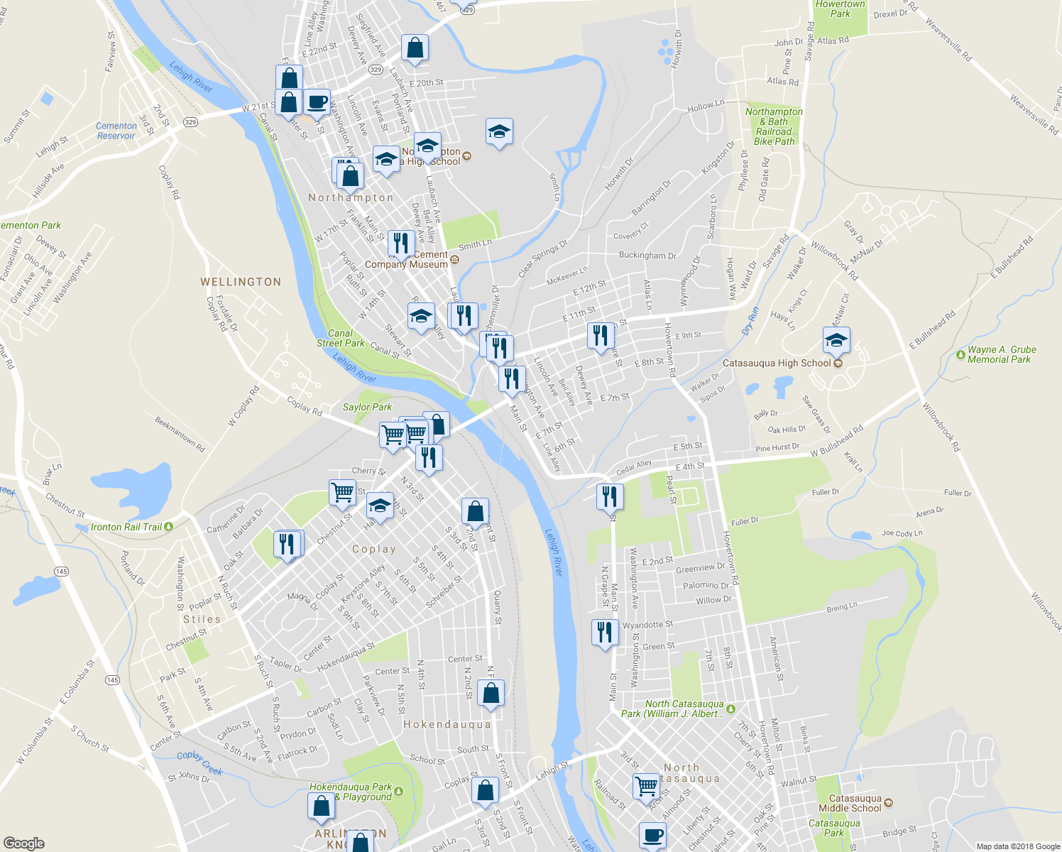 map of restaurants, bars, coffee shops, grocery stores, and more near 723 Main Street in Northampton