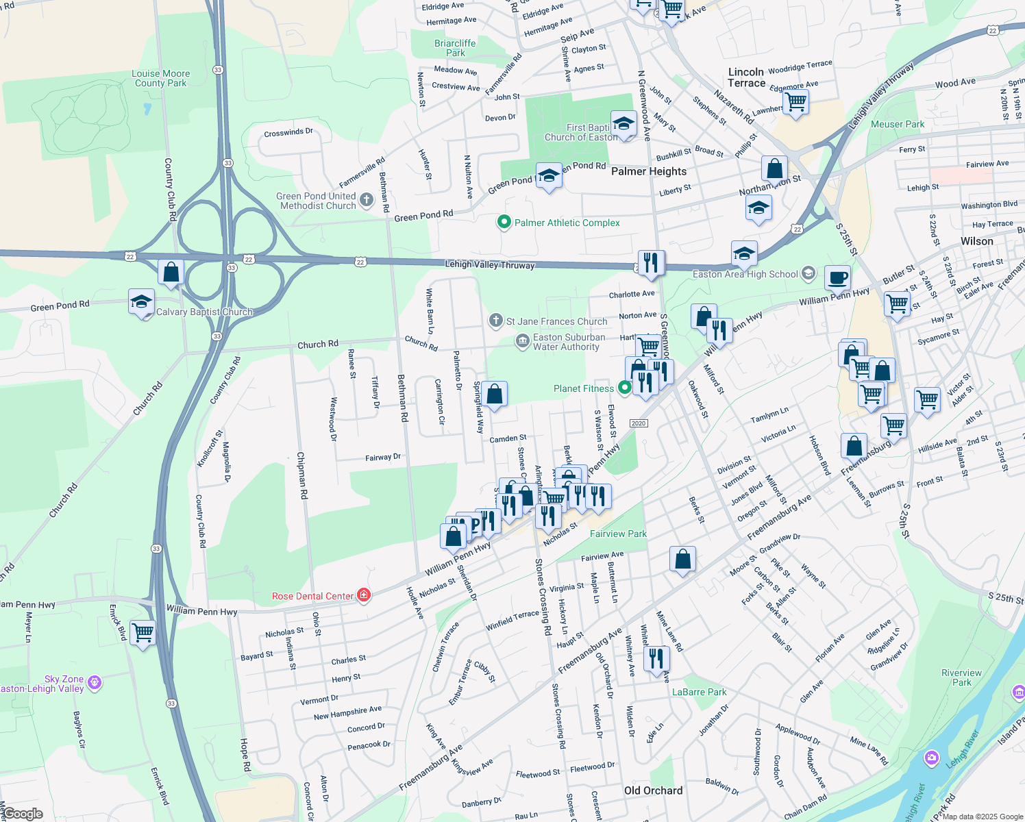 map of restaurants, bars, coffee shops, grocery stores, and more near 350 Stones Crossing Road in Easton