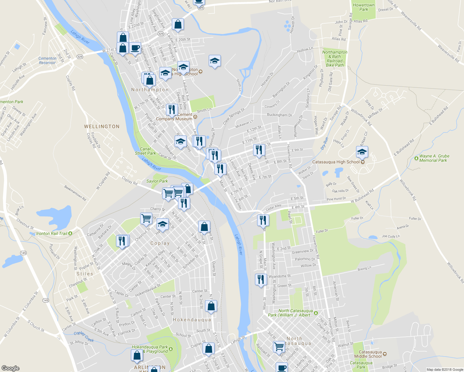 map of restaurants, bars, coffee shops, grocery stores, and more near 728 Washington Avenue in Northampton