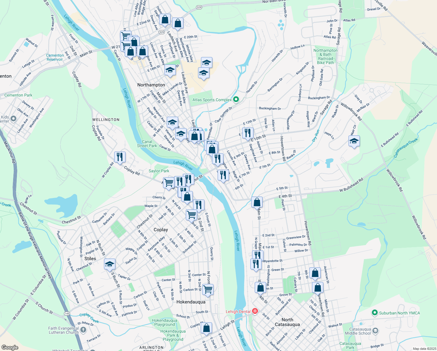 map of restaurants, bars, coffee shops, grocery stores, and more near 814 Main Street in Northampton