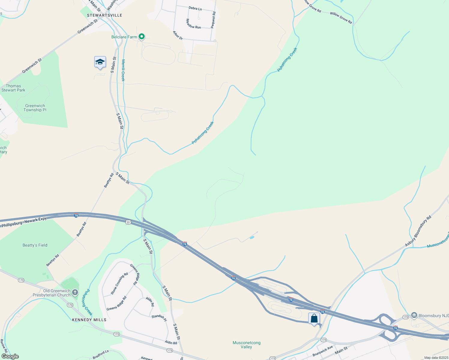 map of restaurants, bars, coffee shops, grocery stores, and more near 104 Fox Run Road in Stewartsville