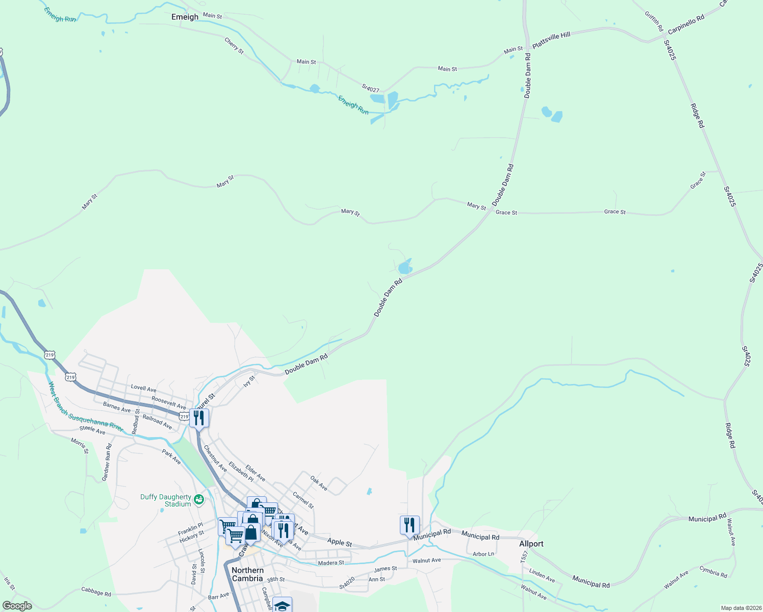 map of restaurants, bars, coffee shops, grocery stores, and more near 325 State Route 4027 in Northern Cambria
