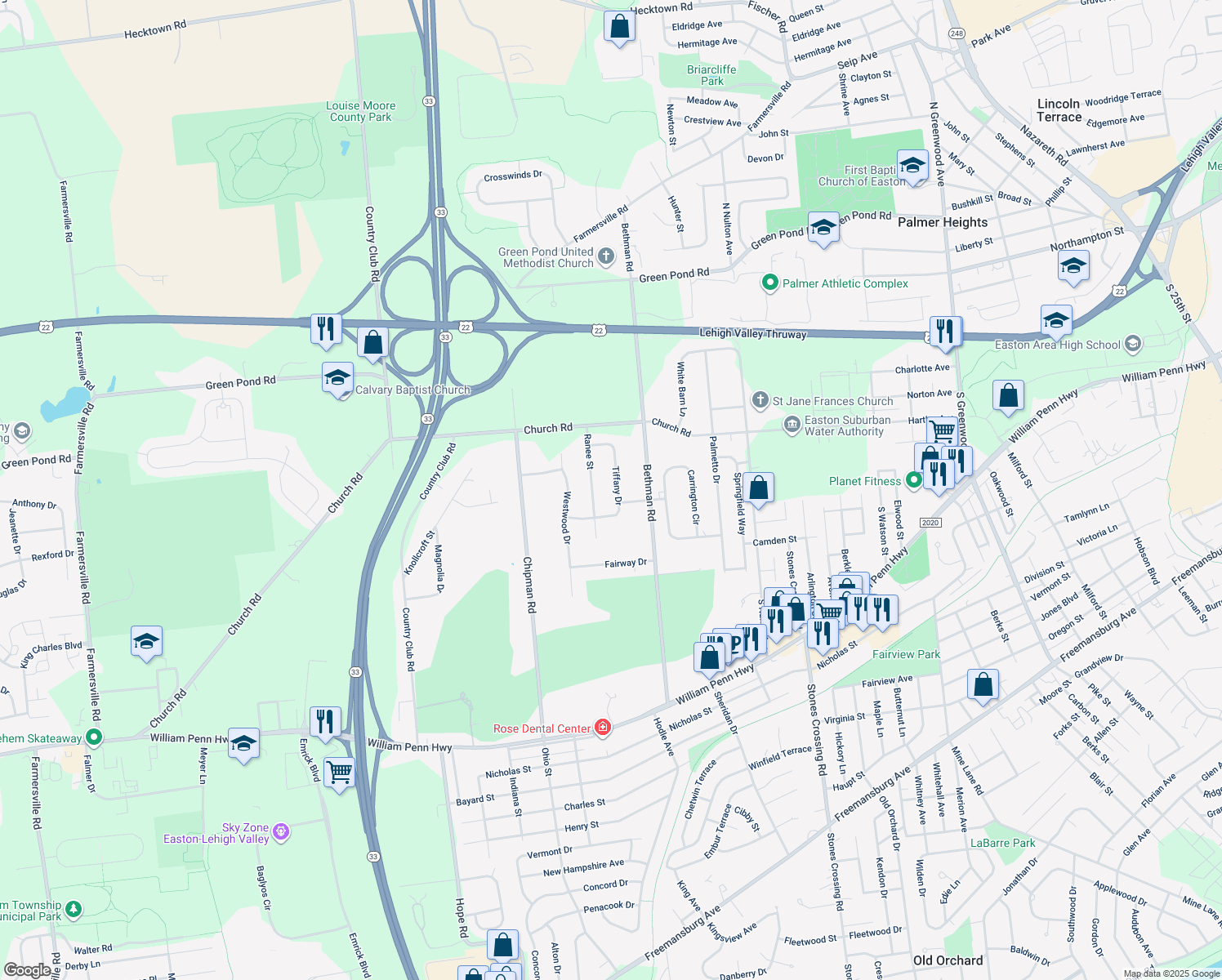 map of restaurants, bars, coffee shops, grocery stores, and more near 3737 Tiffany Drive in Easton