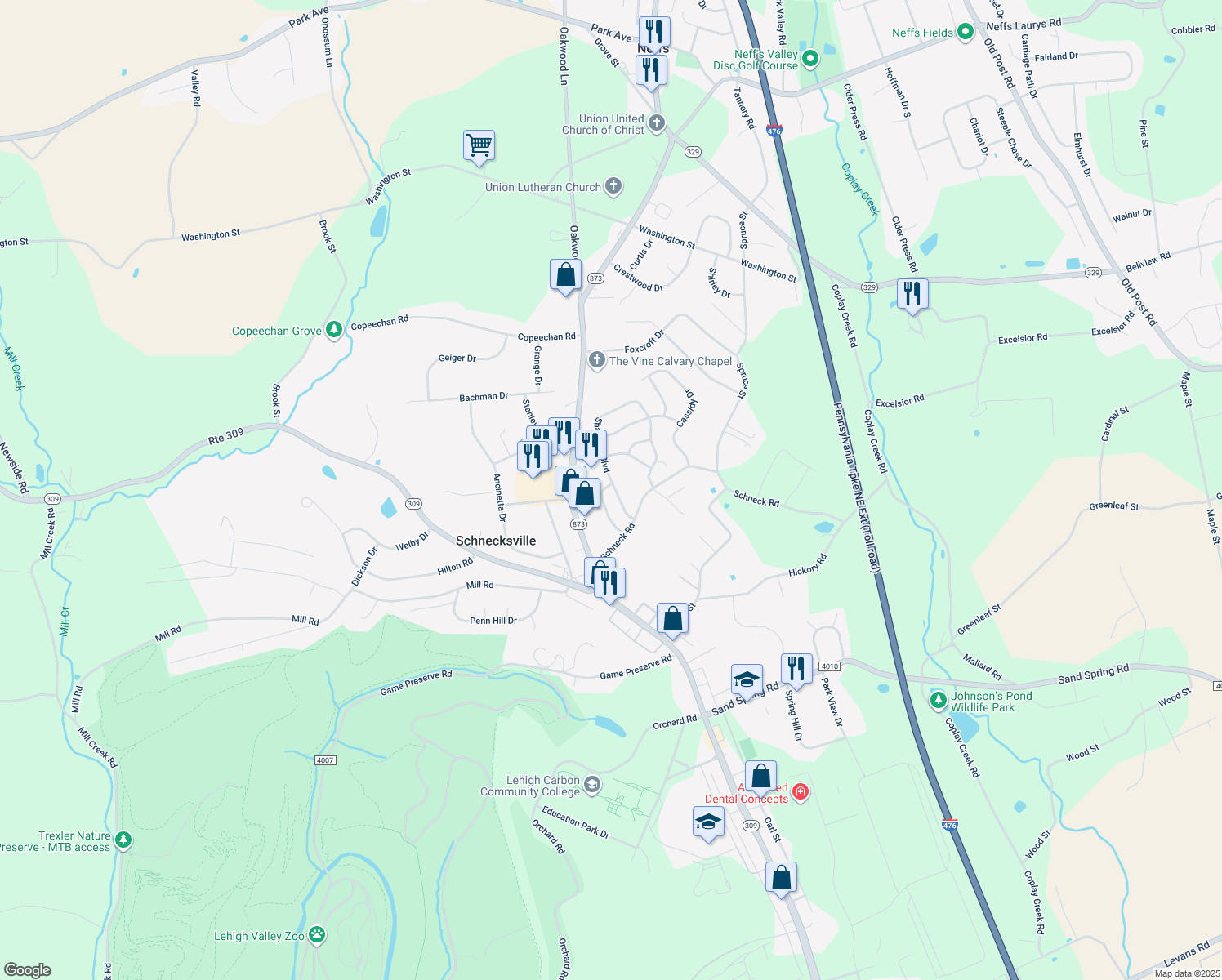 map of restaurants, bars, coffee shops, grocery stores, and more near 5079 Mohawk Dr in Schnecksville