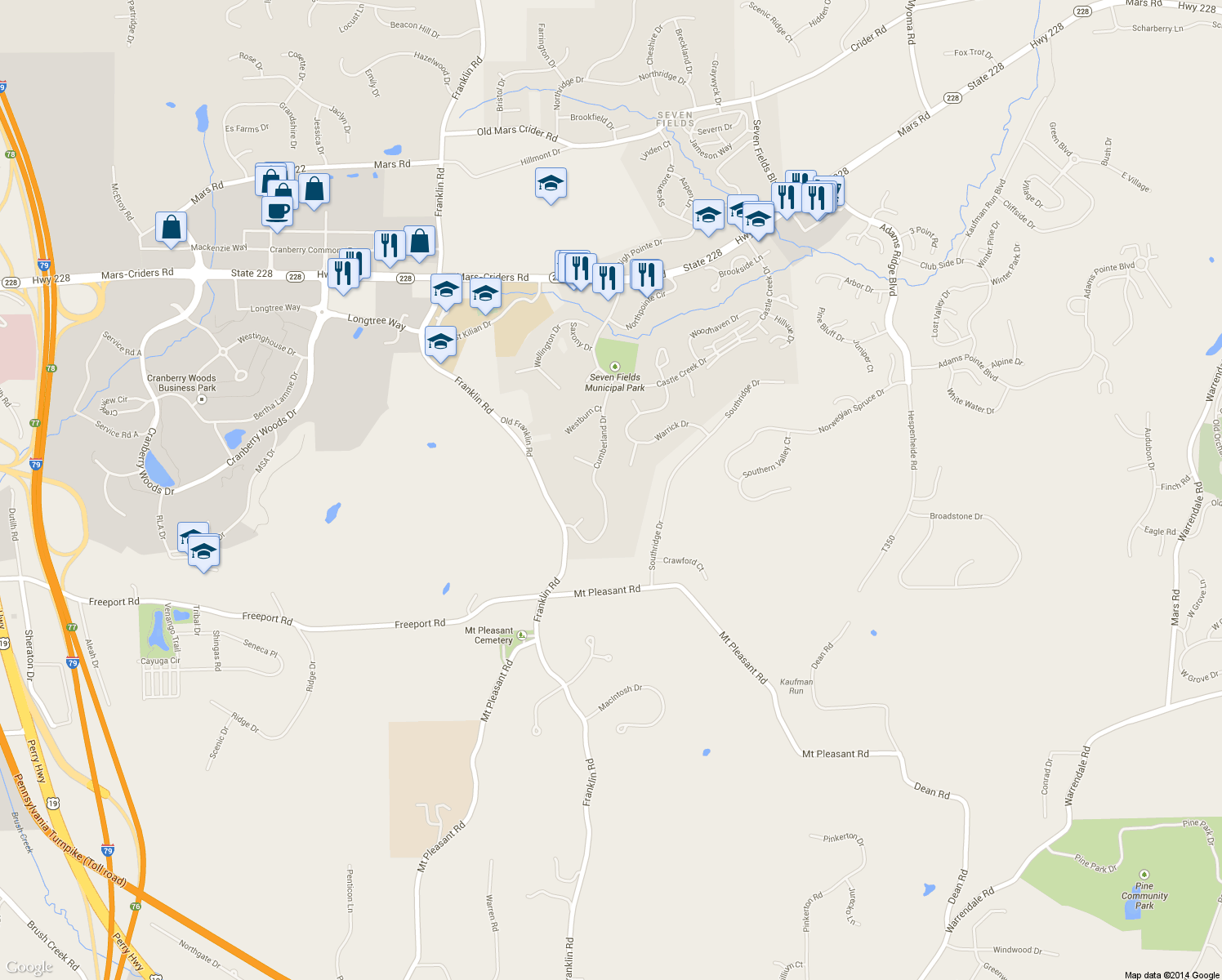 map of restaurants, bars, coffee shops, grocery stores, and more near 228 Cumberland Dr in Seven Fields