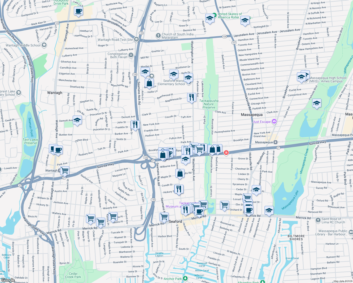 map of restaurants, bars, coffee shops, grocery stores, and more near 1865 Jackson Avenue in Seaford