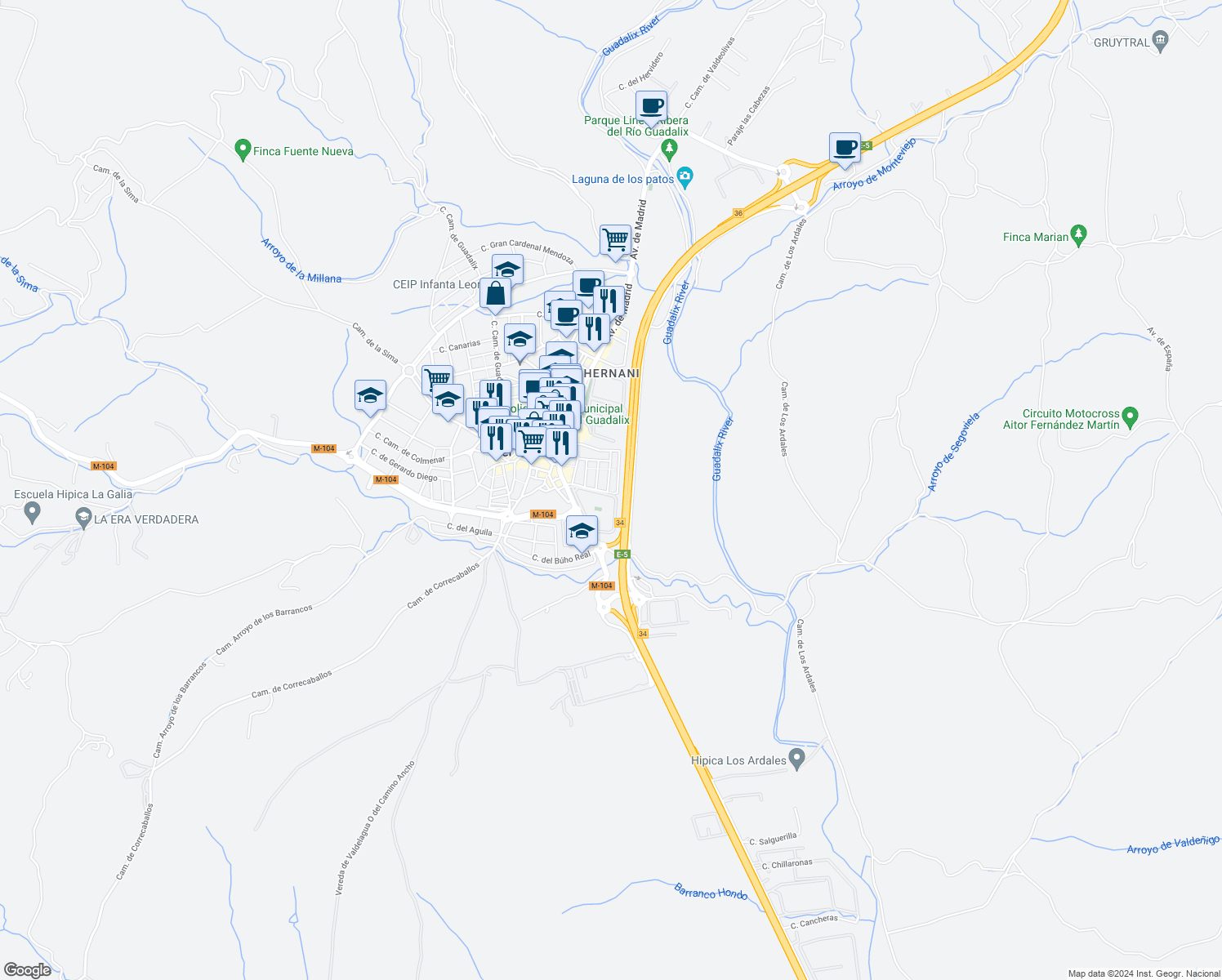 map of restaurants, bars, coffee shops, grocery stores, and more near 2 Calle Arroyo del Caño in San Agustín del Guadalix
