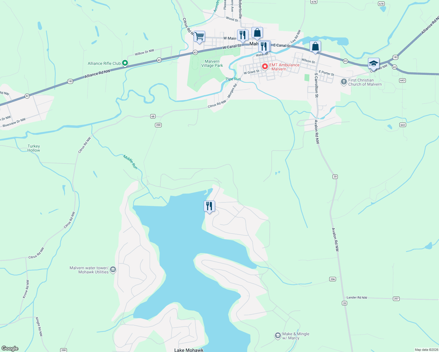 map of restaurants, bars, coffee shops, grocery stores, and more near 67 East Mohawk Drive in Malvern