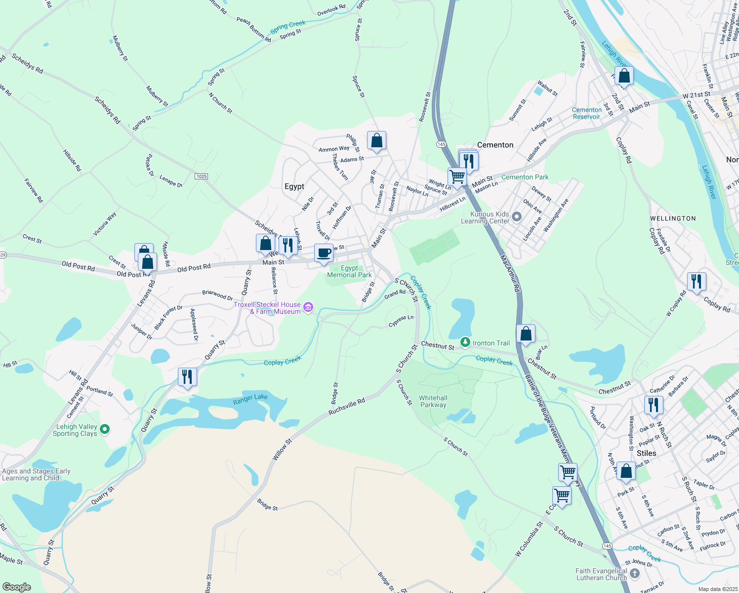 map of restaurants, bars, coffee shops, grocery stores, and more near 4168 Bridge Street in Lehigh County