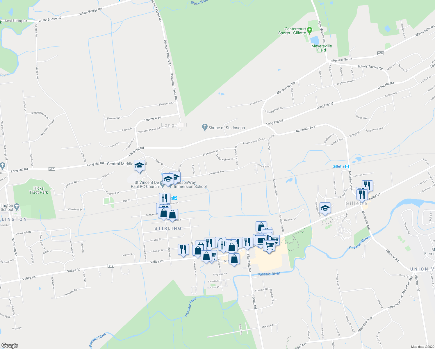map of restaurants, bars, coffee shops, grocery stores, and more near 79 Delaware Avenue in Long Hill
