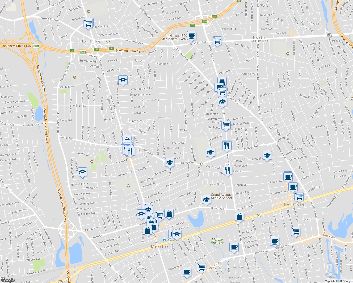 map of restaurants, bars, coffee shops, grocery stores, and more near 2271 Locust Street in Merrick
