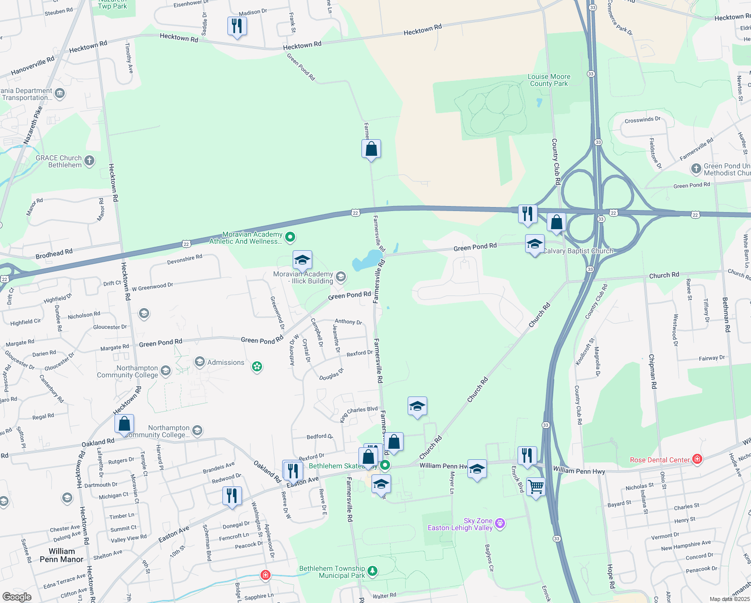 map of restaurants, bars, coffee shops, grocery stores, and more near 3842 Farmersville Rd in Bethlehem
