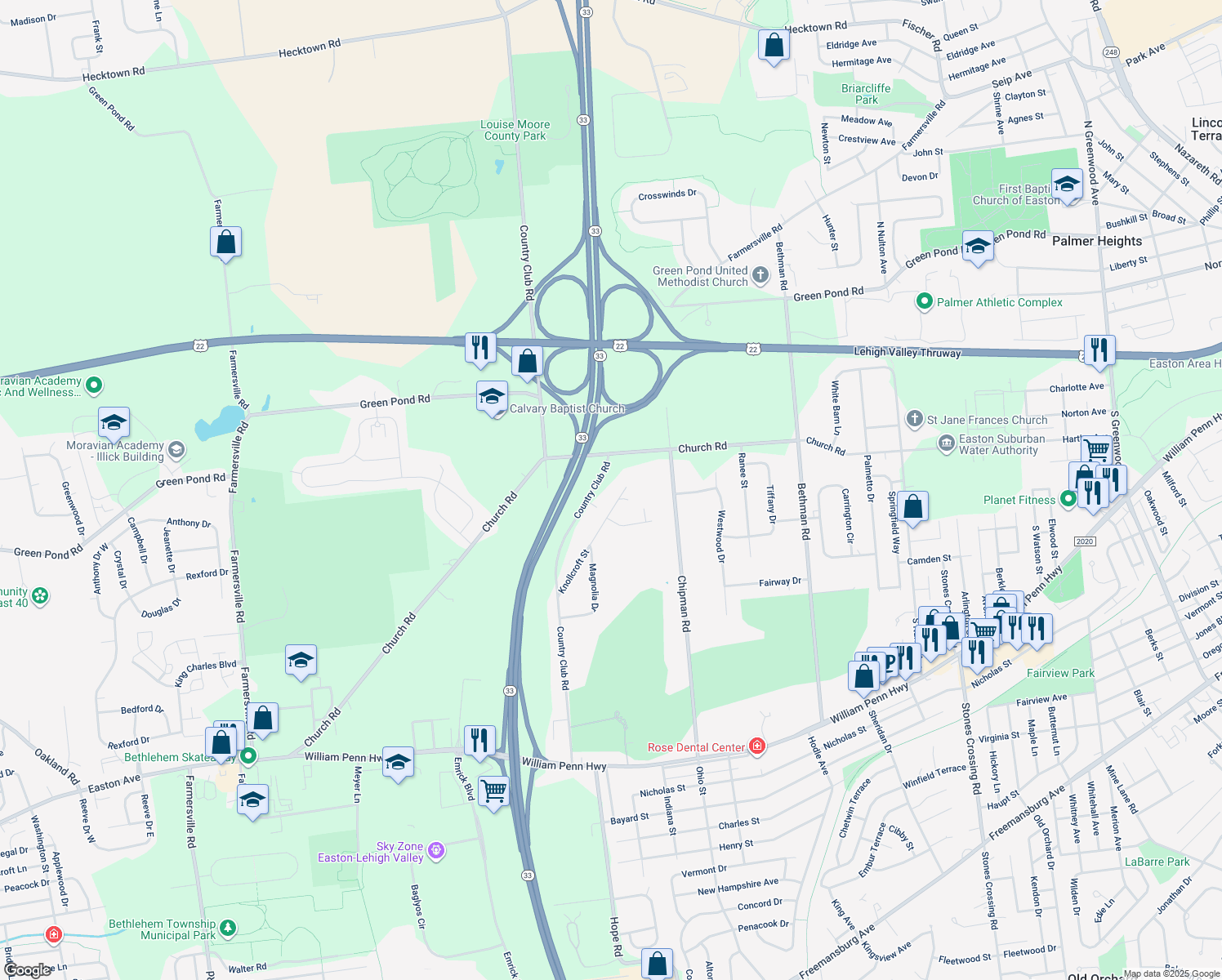 map of restaurants, bars, coffee shops, grocery stores, and more near 3741 Knollcroft Street in Easton