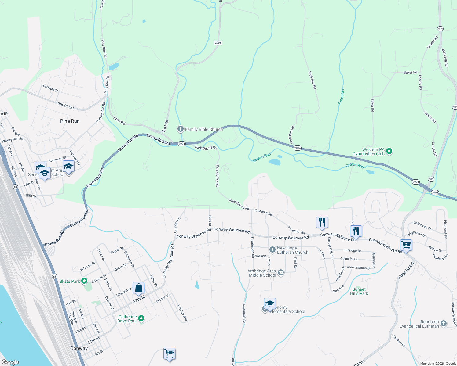 map of restaurants, bars, coffee shops, grocery stores, and more near 535 Park Quarry Road in Freedom