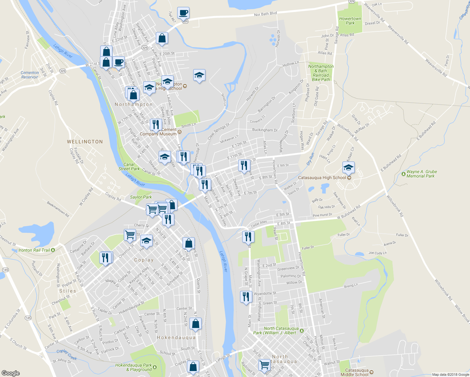 map of restaurants, bars, coffee shops, grocery stores, and more near 738 Dewey Avenue in Northampton