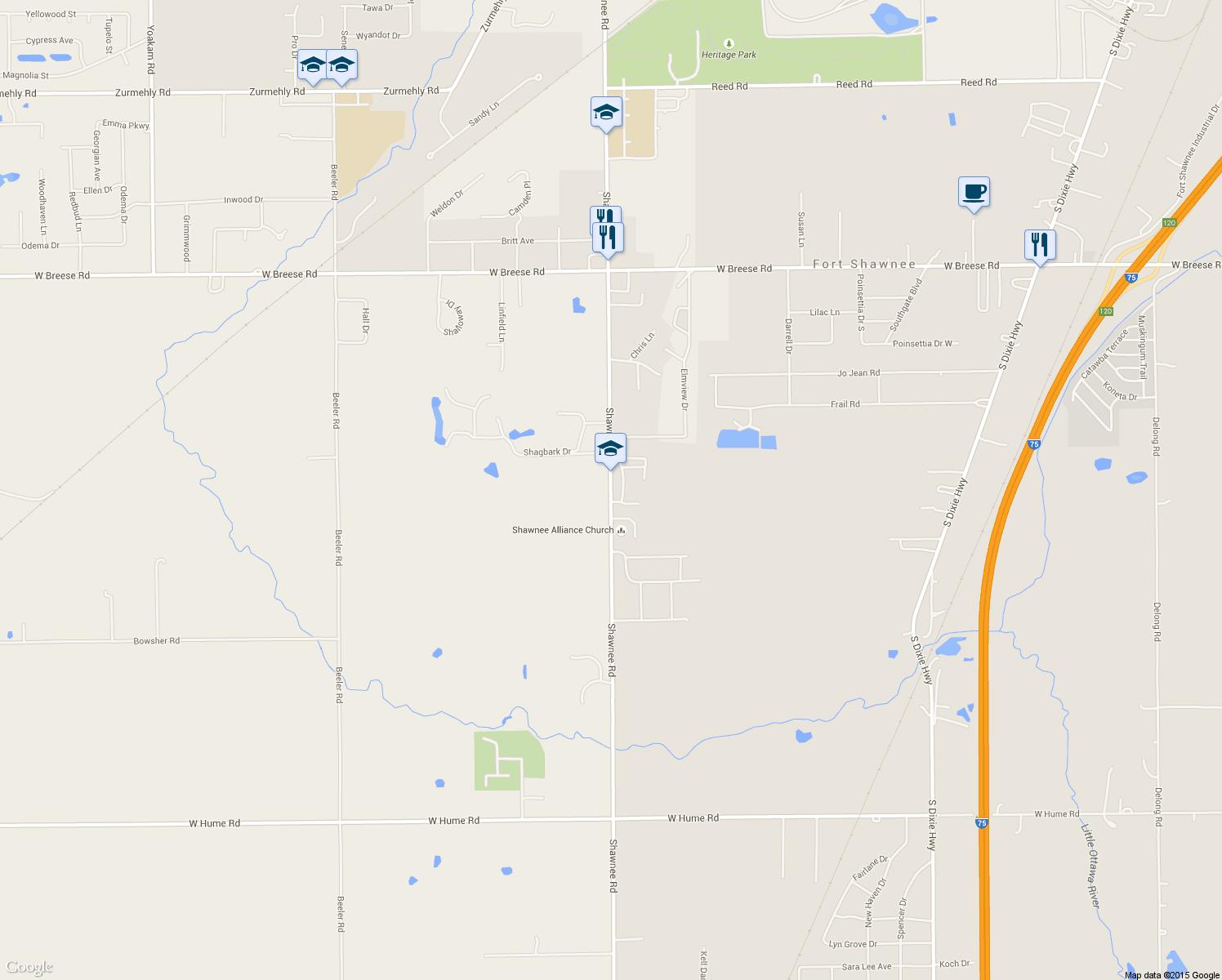 map of restaurants, bars, coffee shops, grocery stores, and more near 4295 Shawnee Rd in Lima