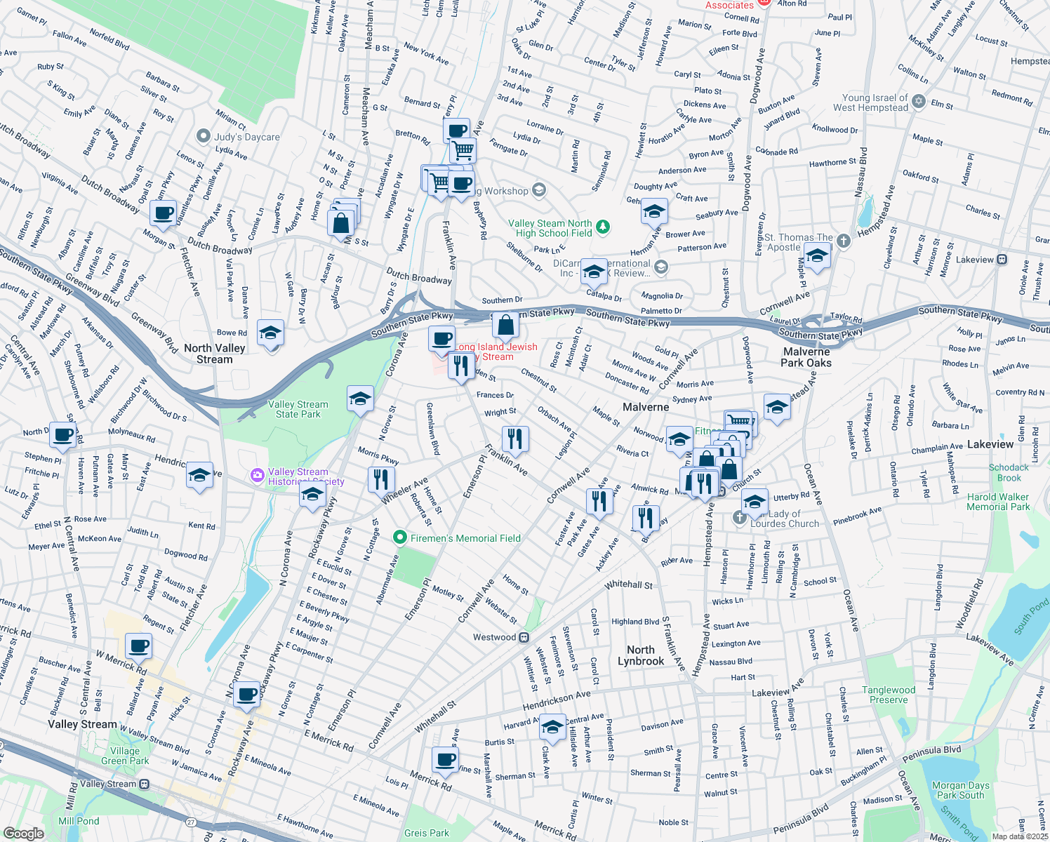 map of restaurants, bars, coffee shops, grocery stores, and more near 1180 Ambrose Avenue in Valley Stream