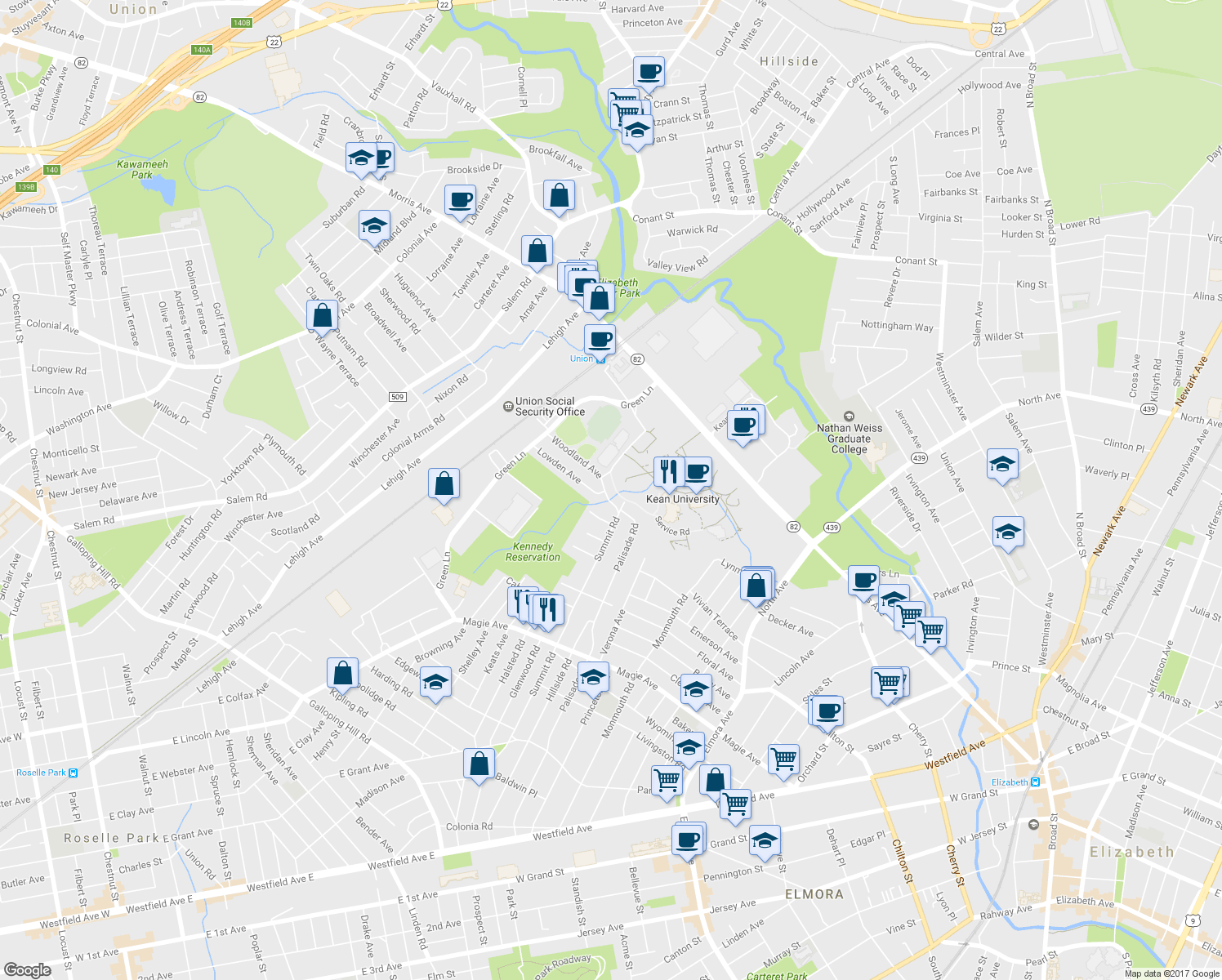 map of restaurants, bars, coffee shops, grocery stores, and more near 929 Woodland Ave in Union