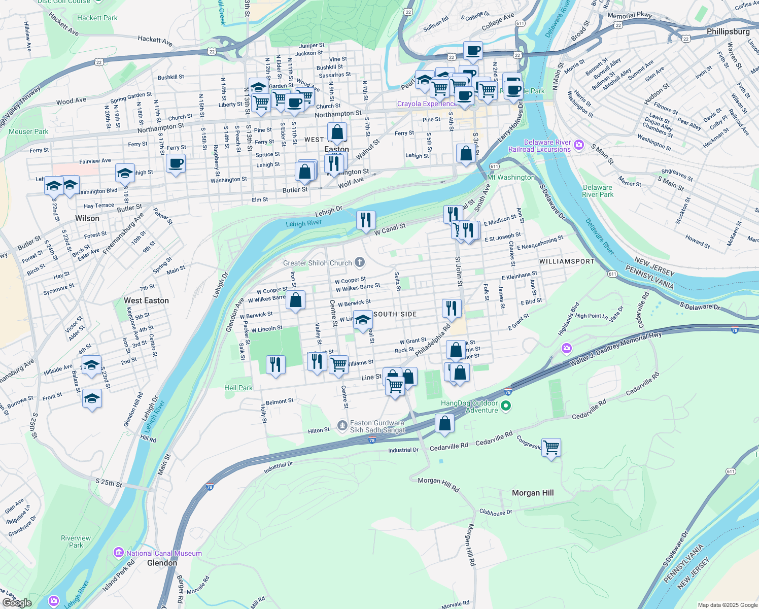 map of restaurants, bars, coffee shops, grocery stores, and more near 464 West Berwick Street in Easton
